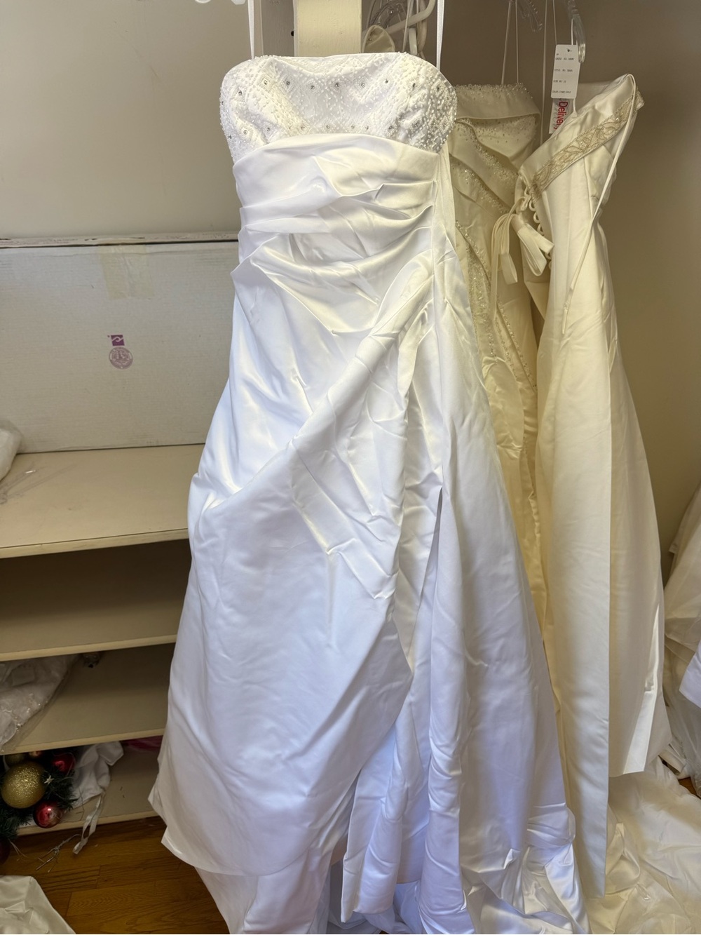 DaVinci White Satin Beaded Spaghetti-Strap Wedding Gown - Picture 2 of 4